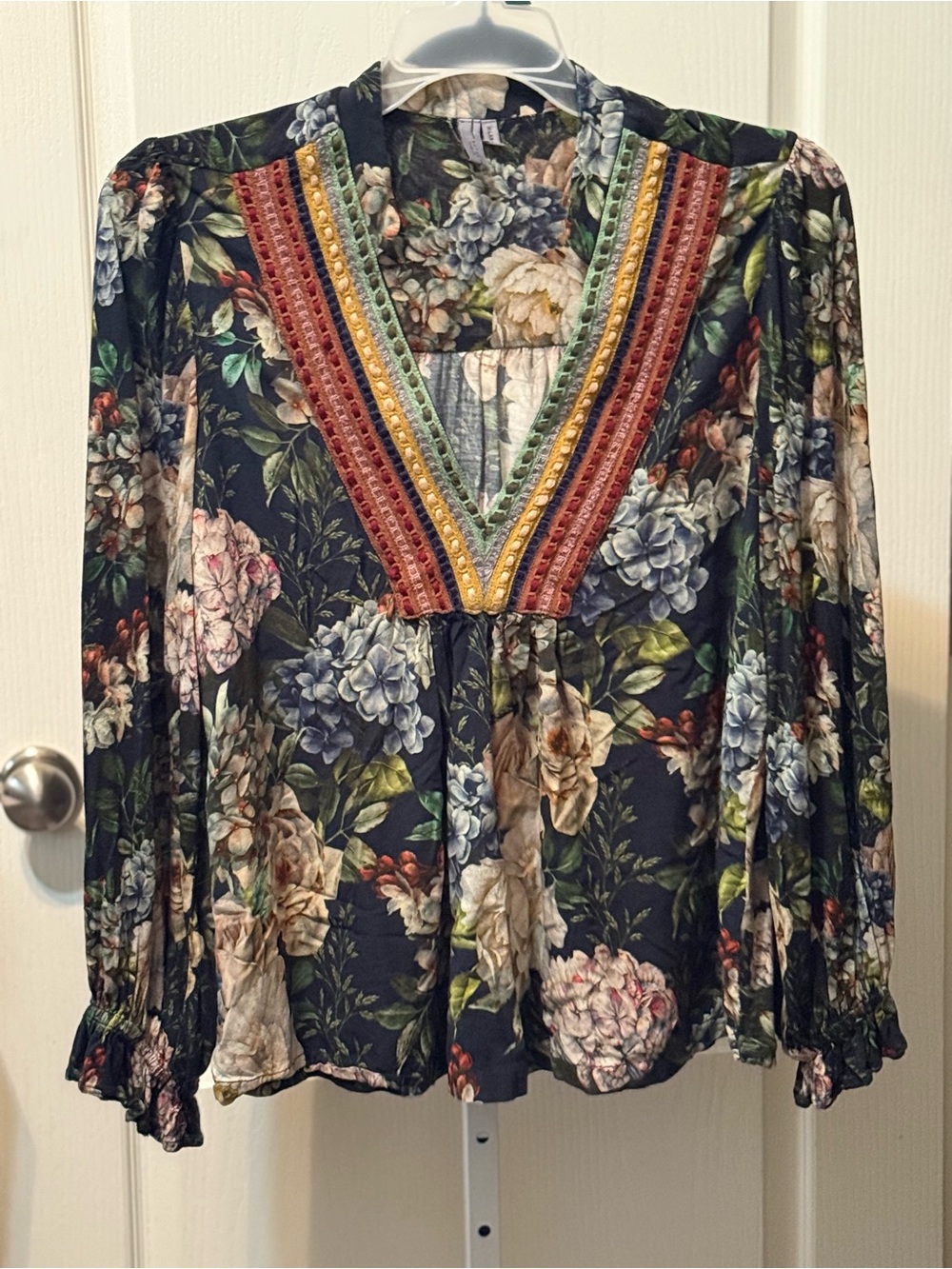 Blank  London Anthropology Floral V-Neck Long Sleeve w/Embroidered Trim